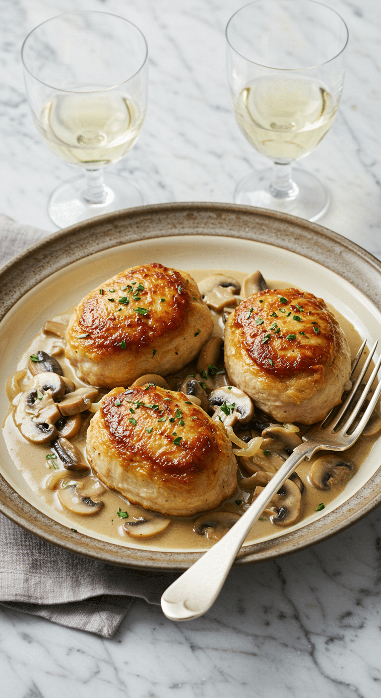 Paupiettes de dinde dorées dans sauce crémeuse aux champignons plat familial