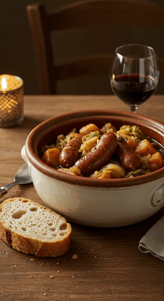 service potée saucisses légumes bol céramique pain campagne vin rouge