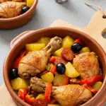 poulet à l'espagnole servi dans une assiette avec légumes colorés