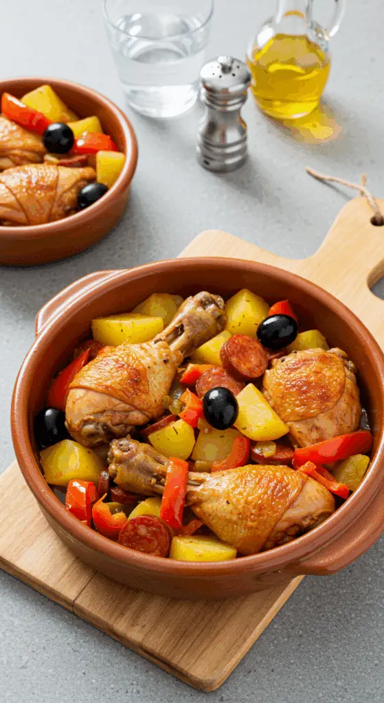 poulet à l'espagnole servi dans une assiette avec légumes colorés