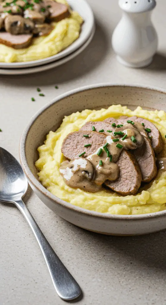 Présentation élégante émincé de veau et pomme purée