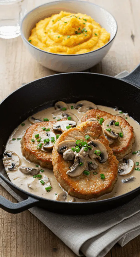 Présentation élégante des escalopes à la crème avec champignons de Paris