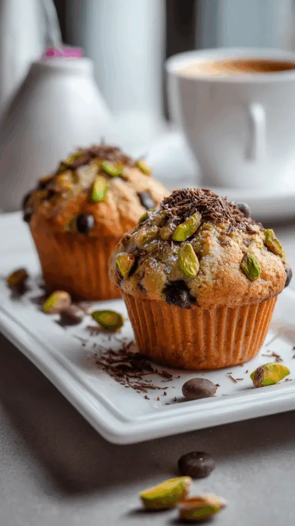 muffins pistache chocolat élégamment présentés avec pistaches entières