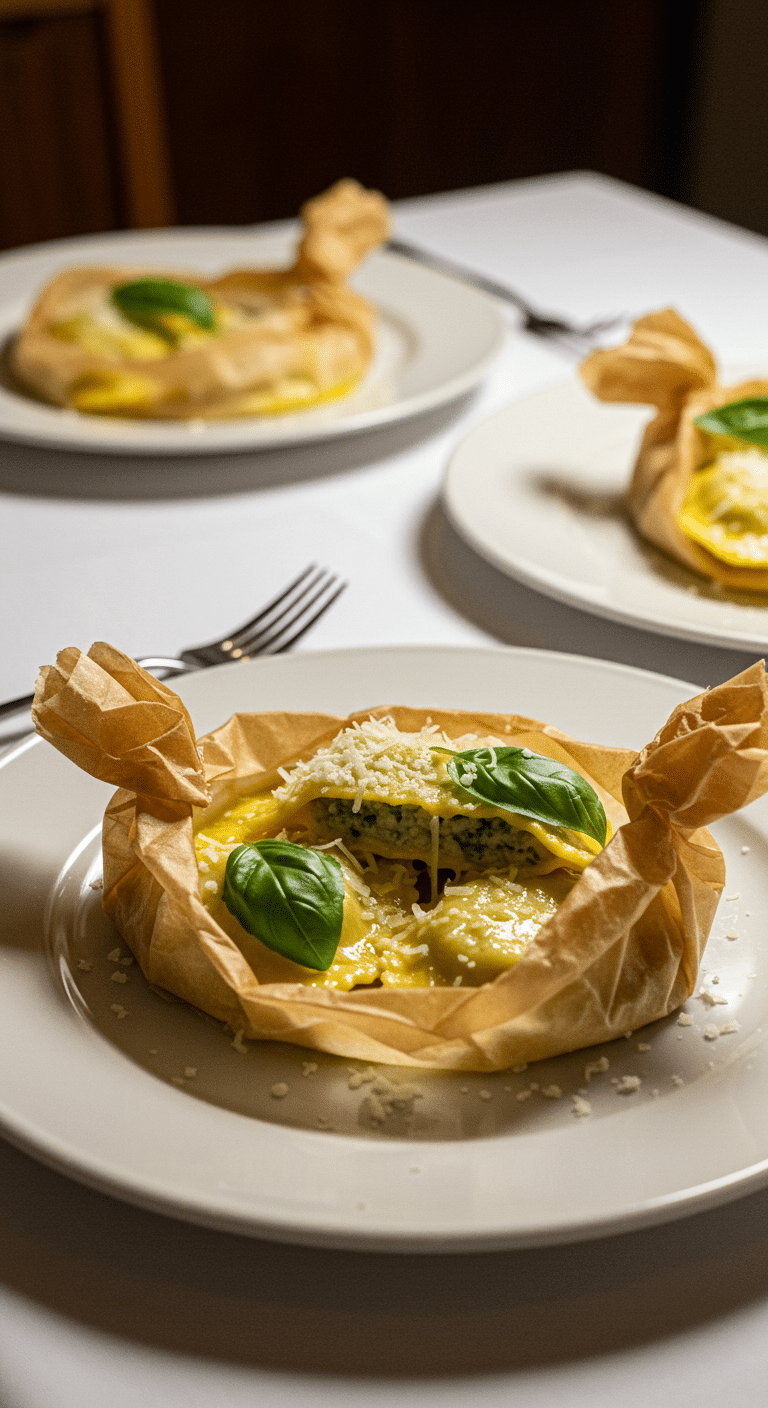 Ravioli en papillote dressé avec persil et fromage râpé