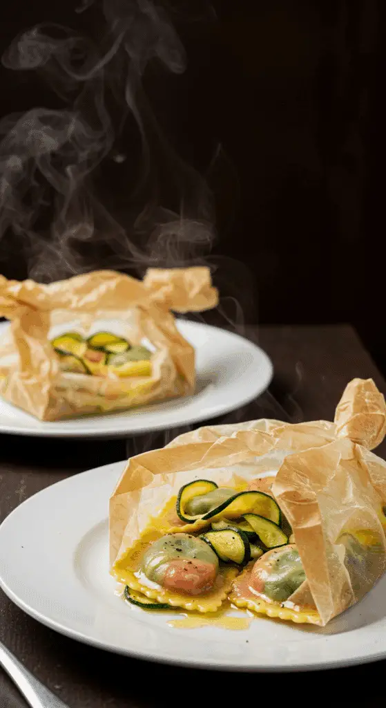 Ravioli en papillote ouverte sur assiette blanche avec vapeur