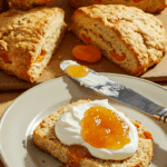 Scones aux abricots sans gluten dorés servis avec confiture maison