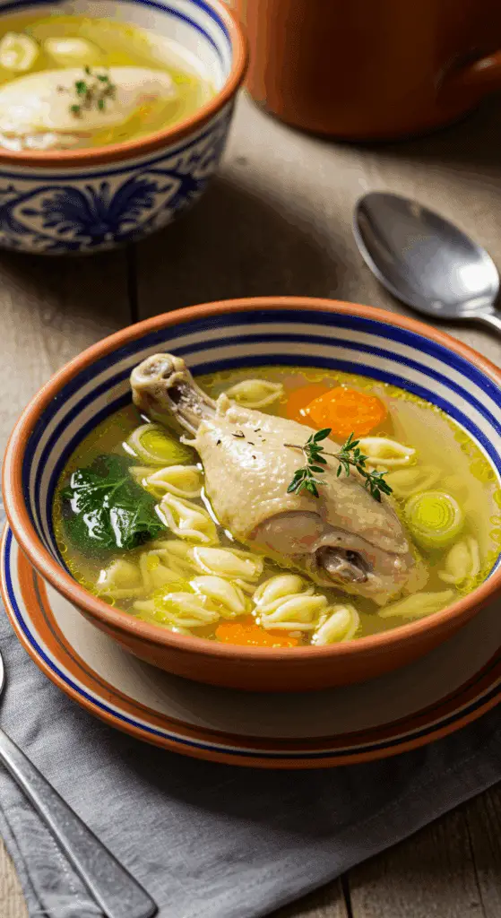 Service bouillon poulet avec pâtes table familiale française atmosphère chaleureuse