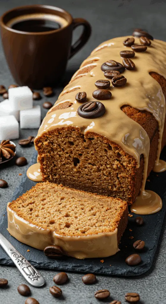 tranches cake au café servies avec tasses espresso et grains café