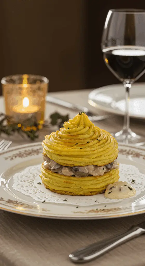 Présentation élégante des coquilles de volaille à la crème sur table dressée