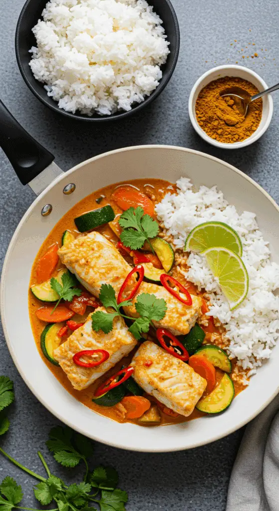Service du curry rouge épicé de cabillaud avec riz jasmin
