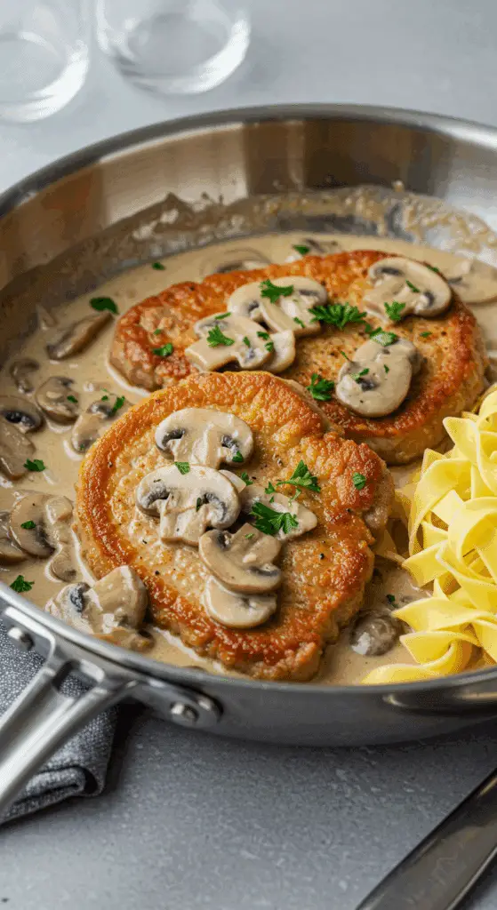 Service élégant escalopes crème champignons avec nouilles