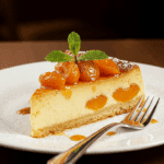 Part de flan aux abricots servie élégamment avec menthe fraîche