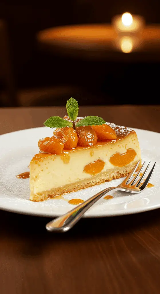 Part de flan aux abricots servie élégamment avec menthe fraîche