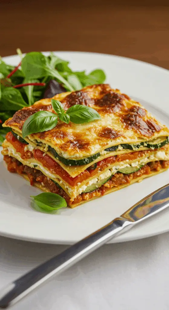 Portion de lasagnes aux légumes du soleil servie élégamment