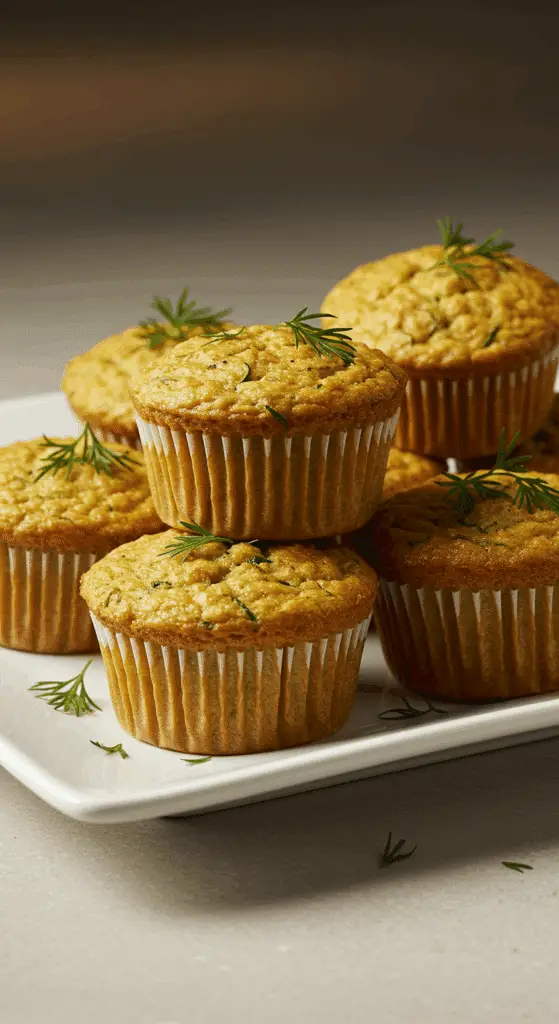 Muffin salé aux courgettes servi sur assiette blanche avec herbes fraîches