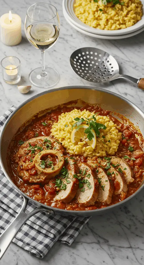 Présentation élégante osso buco dinde avec risotto milanais gremolata fraîche