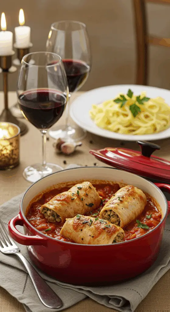 Présentation élégante paupiettes dinde italienne avec pâtes sauce tomate