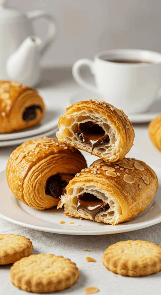 Petit pain au chocolat coupé montrant feuilletage et chocolat fondant