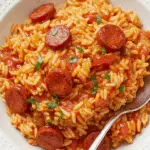 riz au chorizo et à la tomate servi dans une assiette avec ciboulette