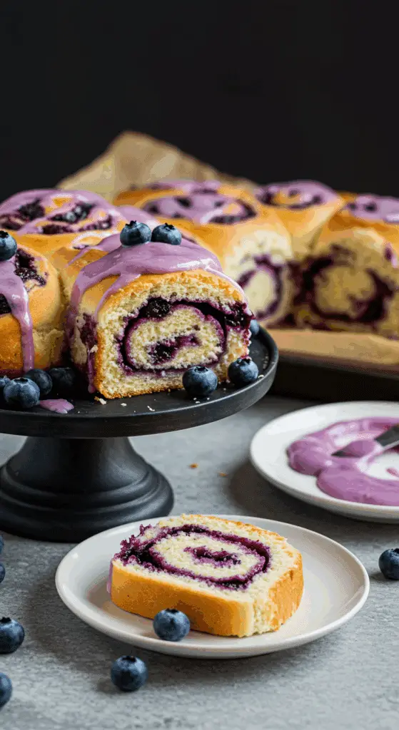 Roll aux myrtilles coupé montrant spirale mascarpone et myrtilles