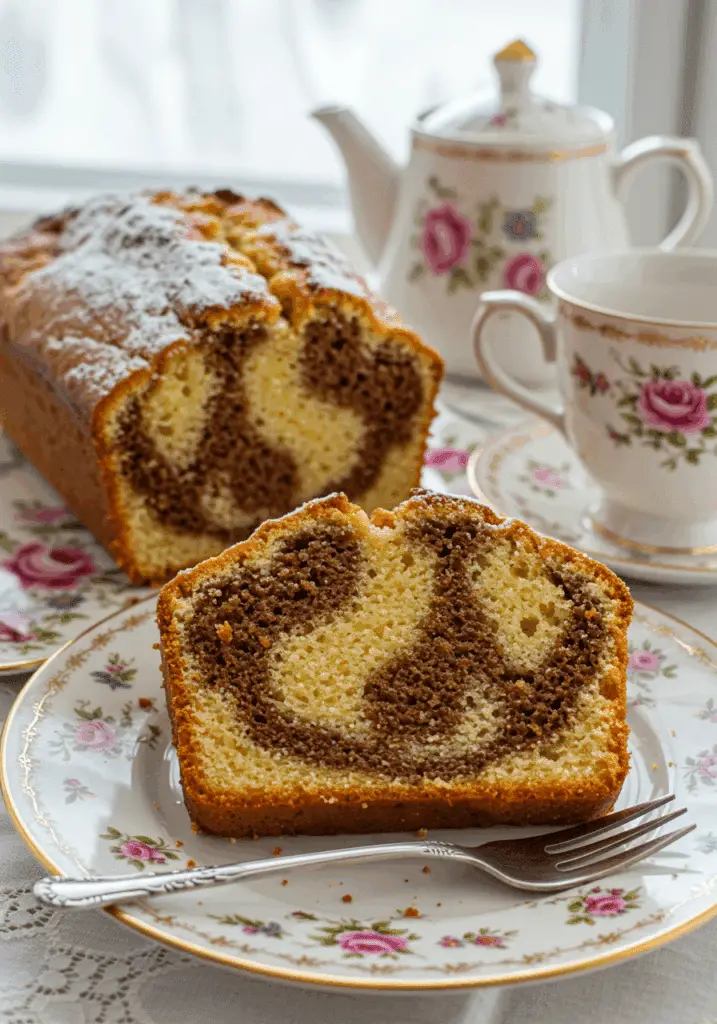Tranche de cake marbré spéculoos – vanille élégamment présentée