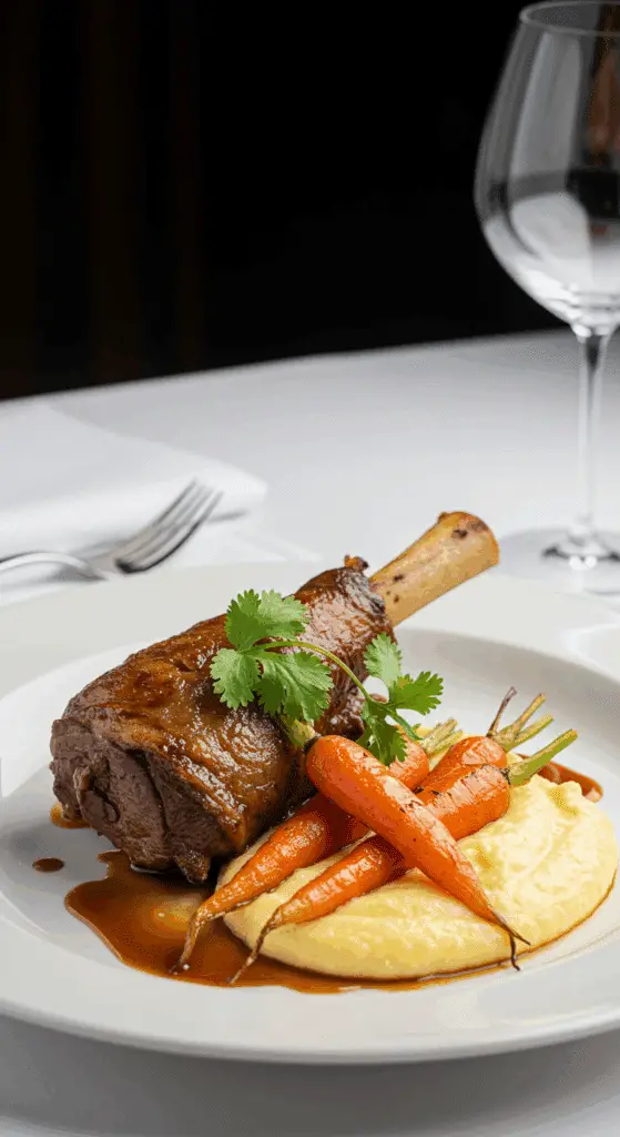 Souris d'agneau confites alla Giorgio dressées élégamment avec polenta