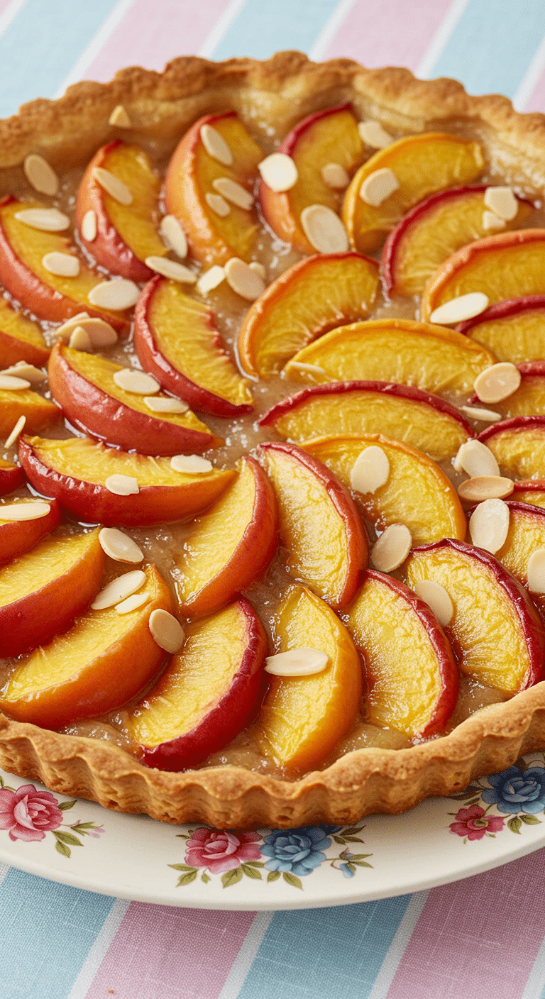 tarte pêches amandes dessert estival français pâte feuilletée dorée