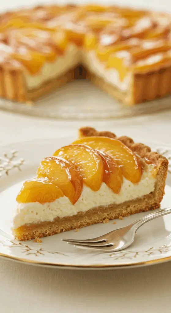 part tarte pêches amandes assiette porcelaine crème amandes glacée