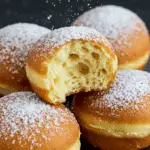 Beignets alsaciens moelleux dorés saupoudrés sucre glace planche bois rustique présentation traditionnelle