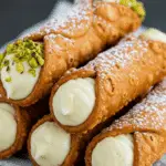 Cannoli à la crème pâtissière dorés sur marbre saupoudrés sucre glace