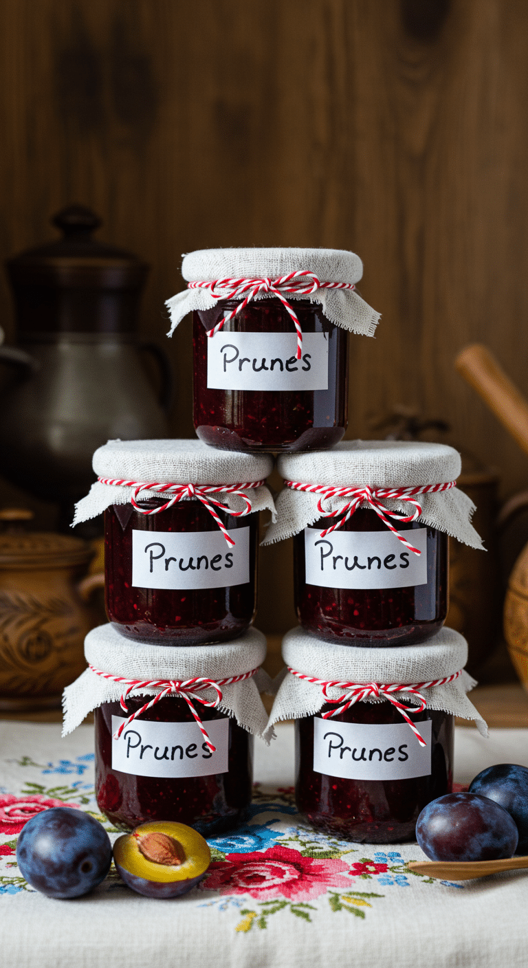 Confiture de prunes maison en pots de verre avec prunes fraîches sur table rustique