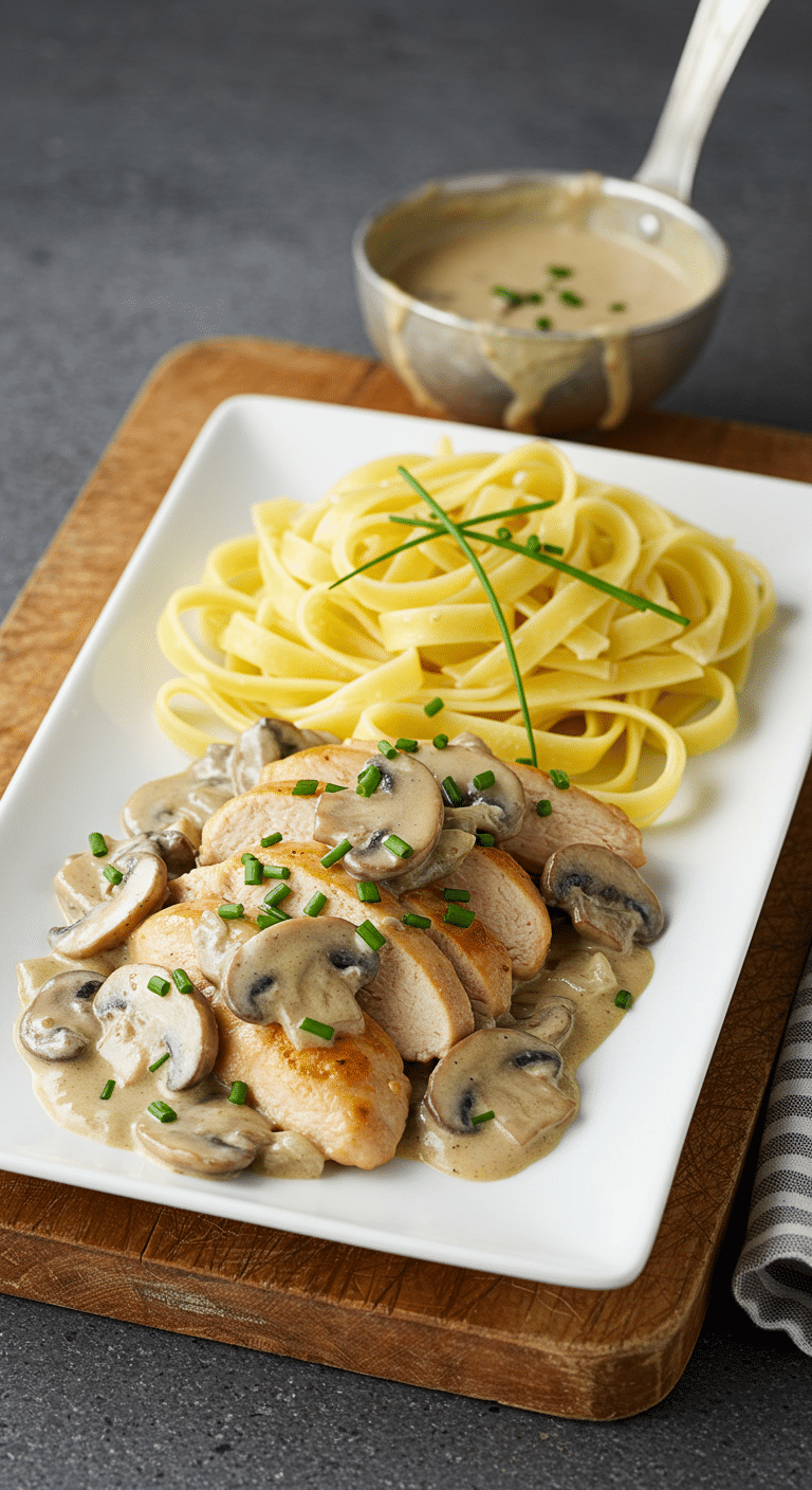 Emincé de poulet aux champignons avec sauce crémeuse servi sur tagliatelles fraîches