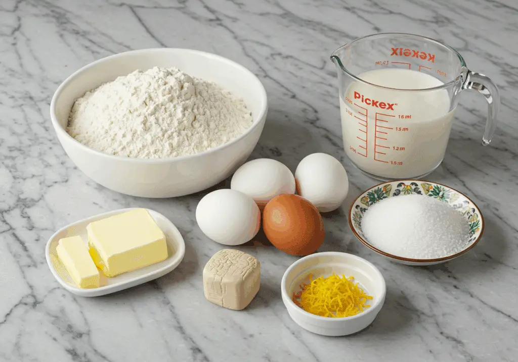 Ingrédients beignets alsaciens farine lait œufs beurre levure fraîche disposés marbre