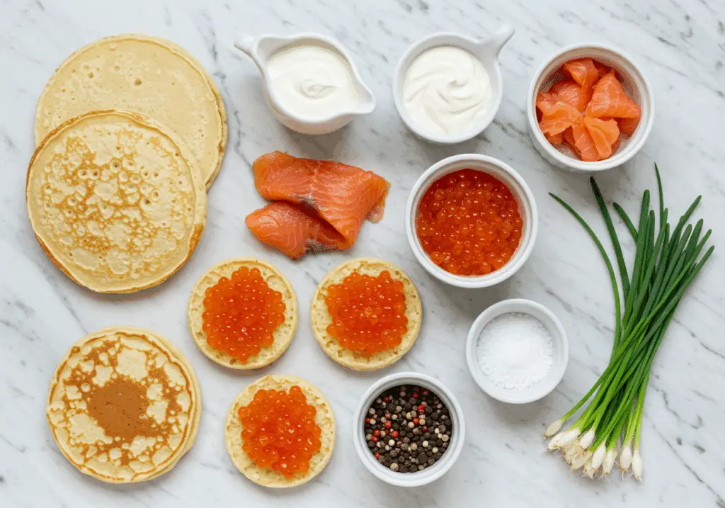 Ingrédients blinis saumon fumé lit de neige disposés sur marbre