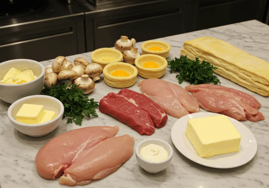 Ingrédients frais pour bouchées à la reine sur marbre