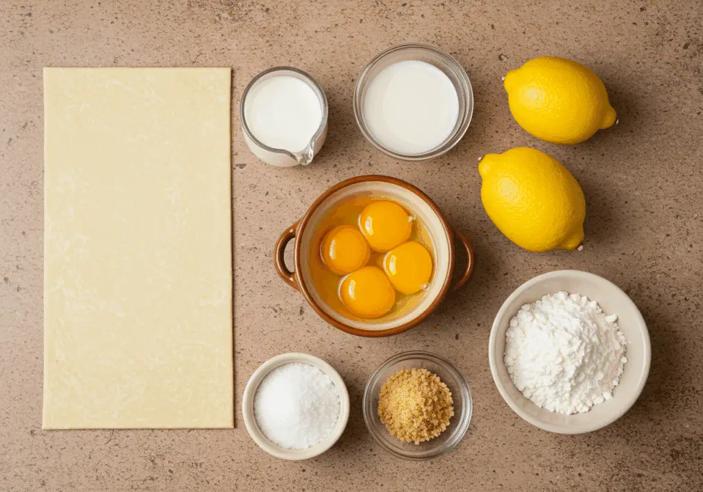 Ingrédients cannoli pâte feuilletée lait jaunes œufs sucre citron sur céramique