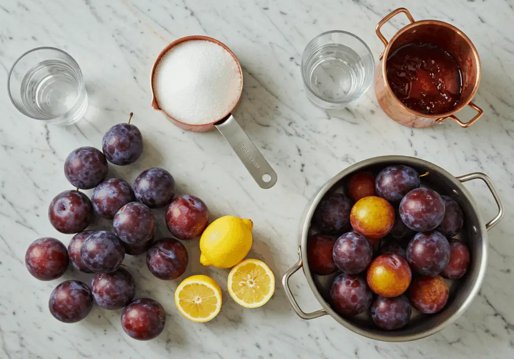Ingrédients pour confiture de prunes disposés sur plan de travail en marbre