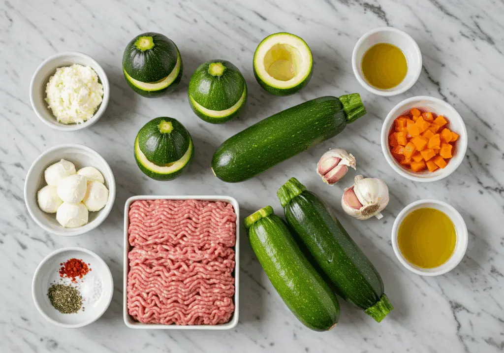 Ingrédients courgettes farcies mozzarella disposés marbre cuisine