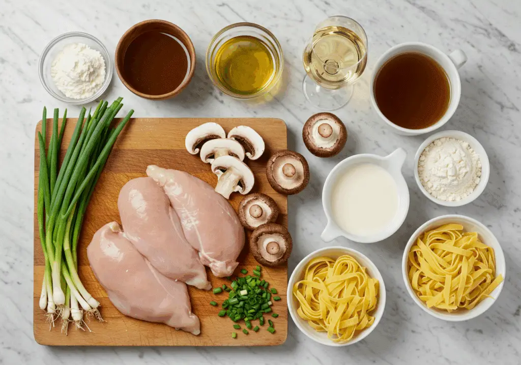 Ingrédients pour émincé de poulet aux champignons disposés sur plan de travail en marbre
