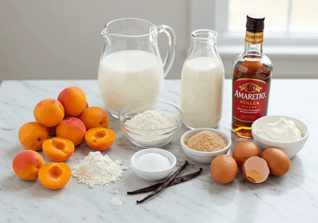 Ingrédients flan abricots vanille œufs lait crème abricots frais sur marbre