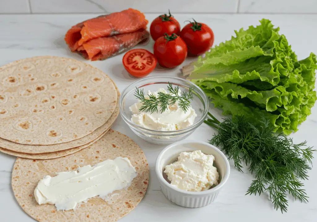 Ingrédients frais wrap saumon fumé disposés plan travail blanc