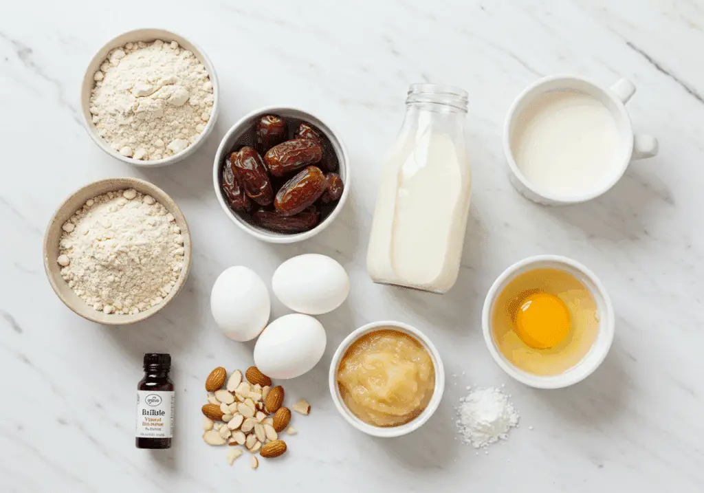Ingrédients gâteau léger farine complète dattes lait amande compote pomme