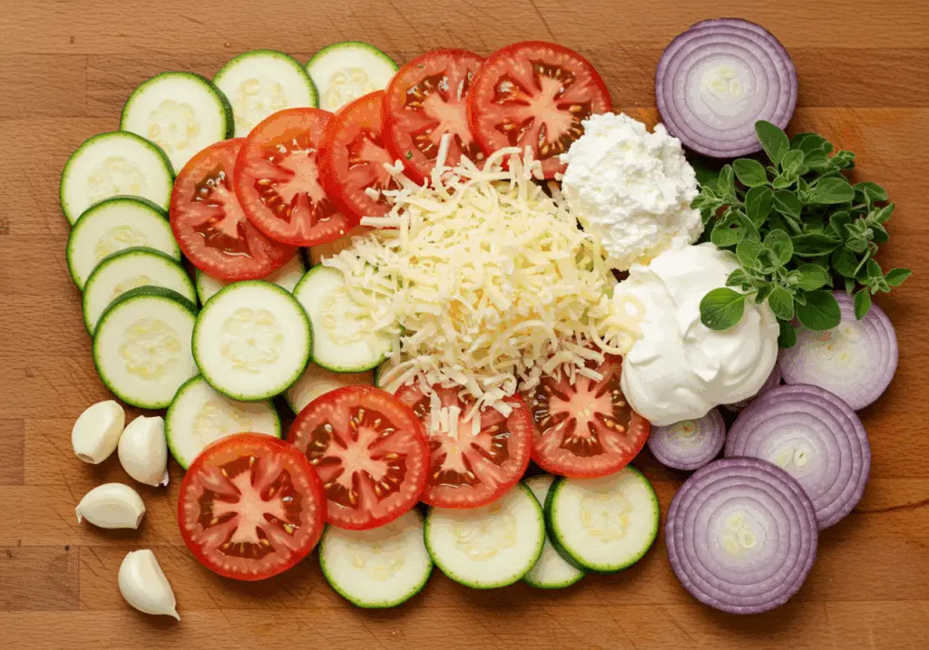Ingrédients gratin courgettes tomates tranches légumes fromage râpé crème herbes