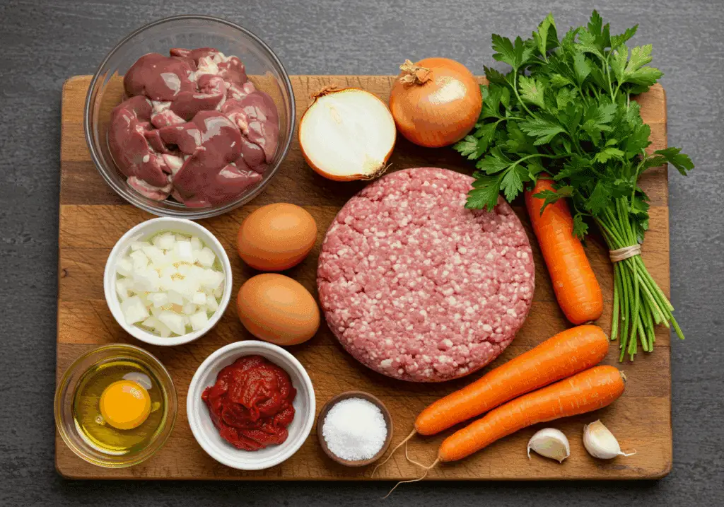 Ingrédients frais pour pain de viande aux foies de volailles