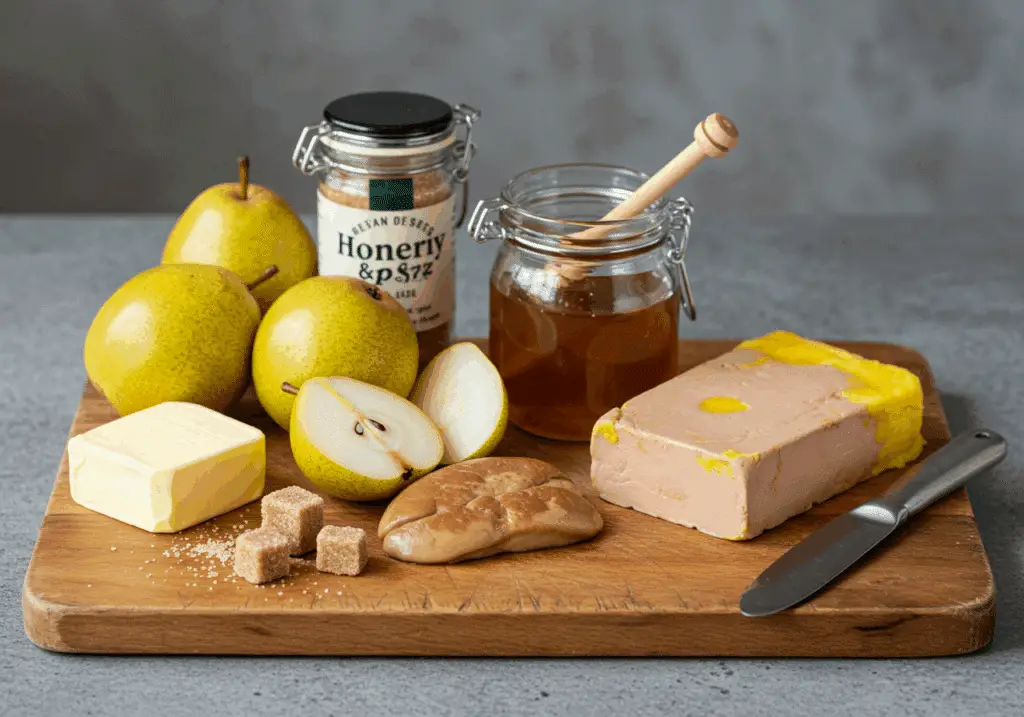 Ingrédients premium verrines poires foie gras planche bois rustique