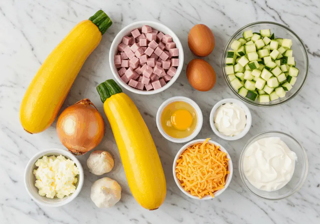 Ingrédients frais pour quiche sans pâte courgette jambon disposés