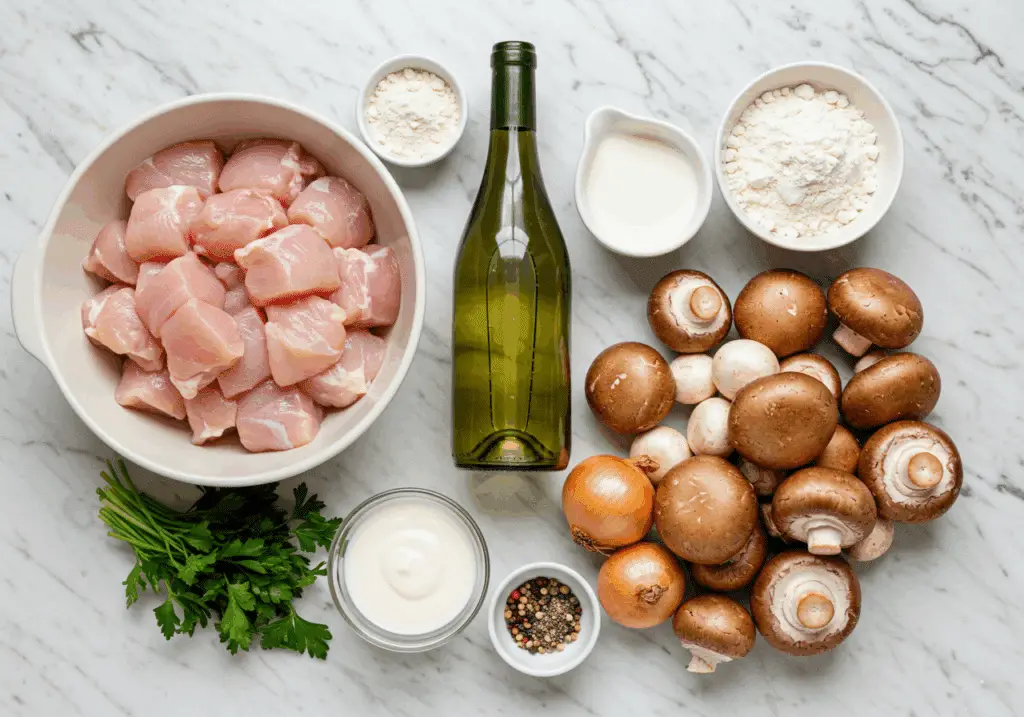 Ingrédients frais ragoût poulet-champignons disposés sur marbre blanc