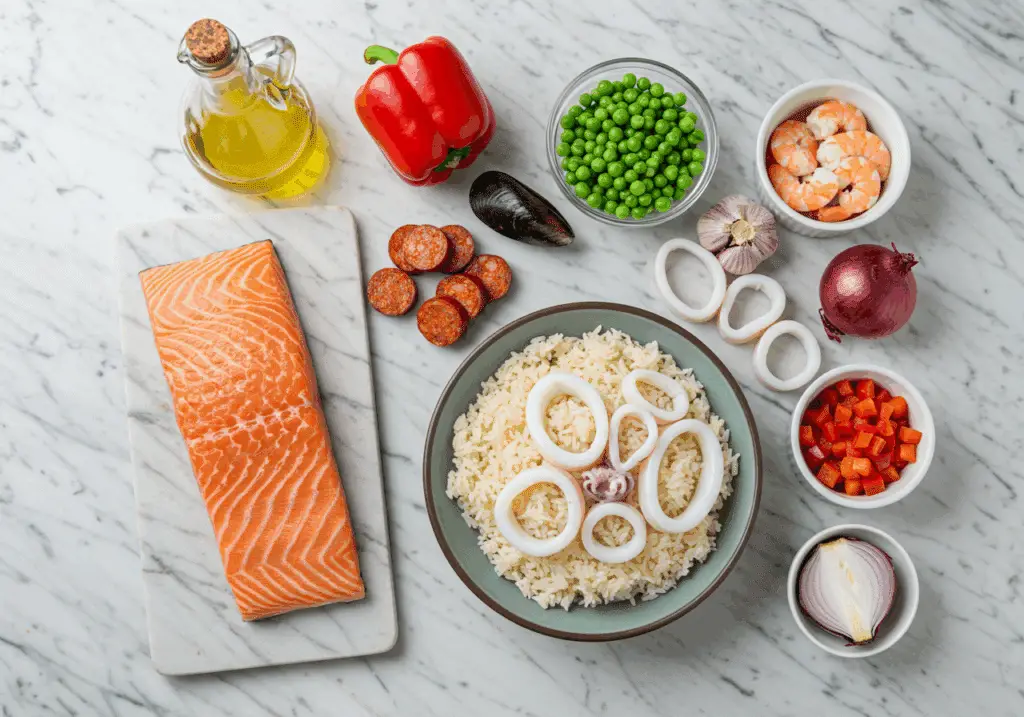 Ingrédients pour riz sauté façon paëlla au saumon disposés sur marbre