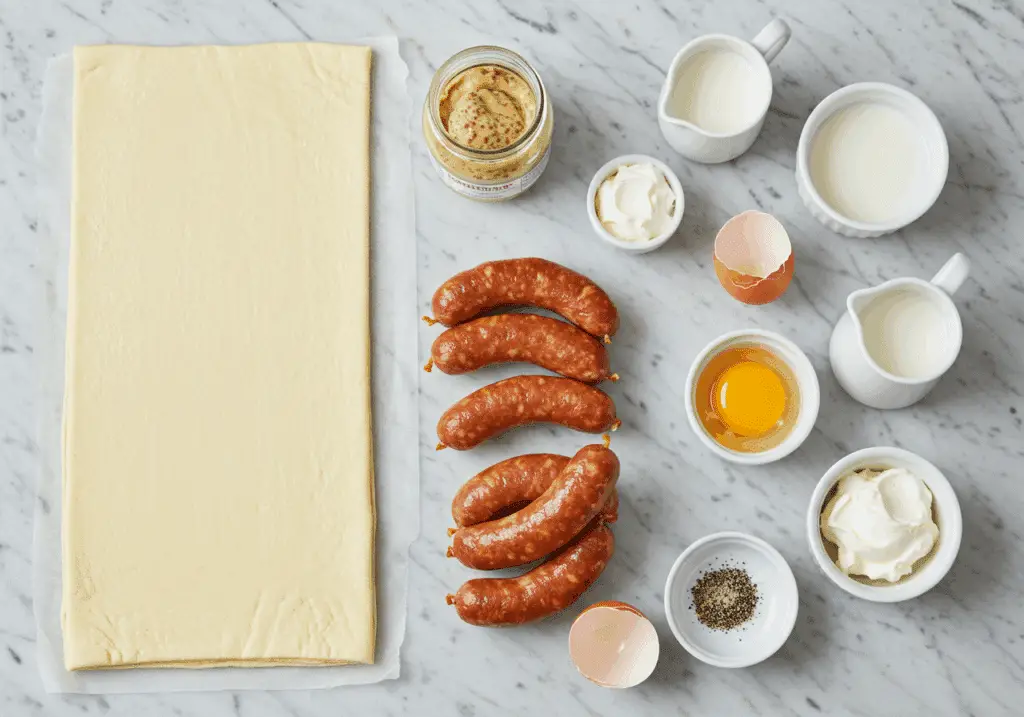 Ingrédients roulés feuilletés saucisse disposés sur marbre blanc