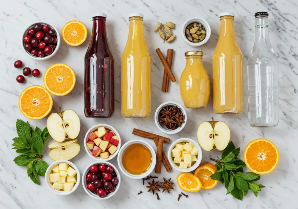 Ingrédients sangria de Noël sans alcool disposés sur marbre blanc